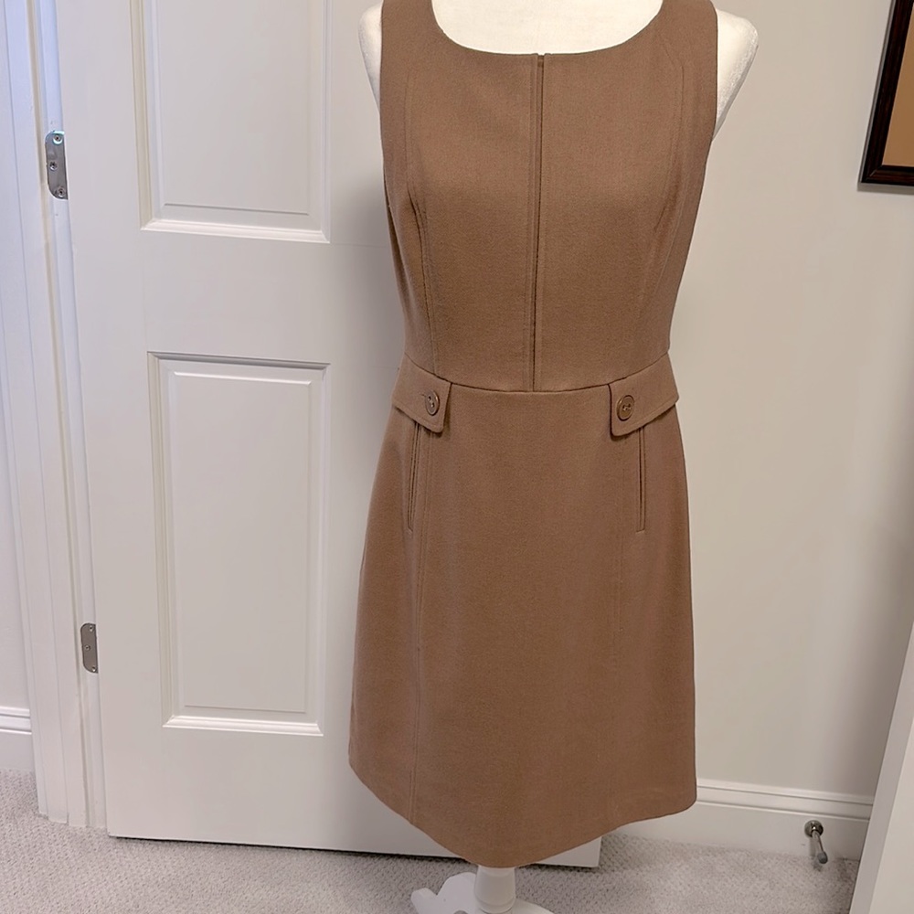 Beth Bowley sleeveless wool dress. Size 8. Tan with paisley like trim.